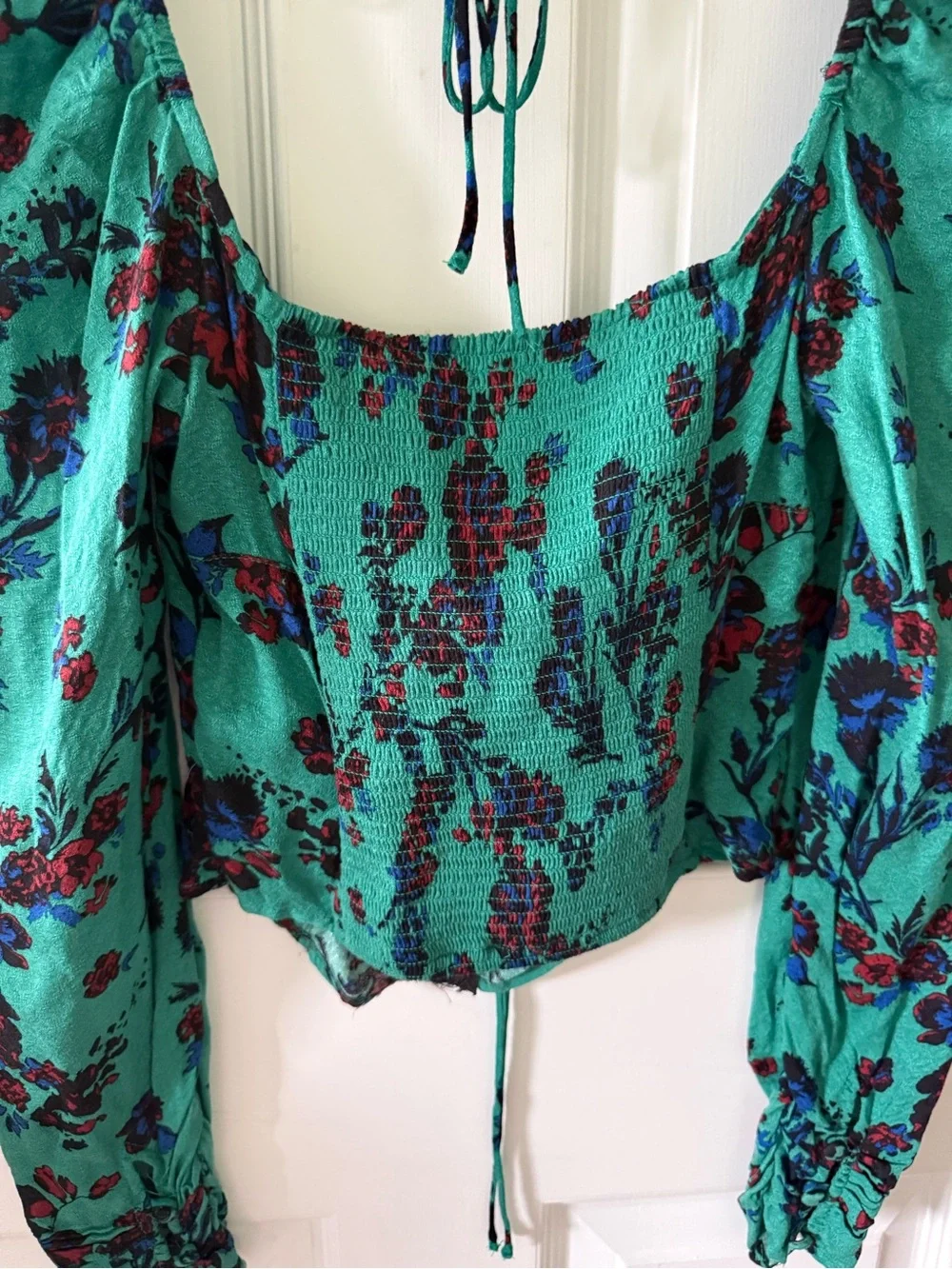 Free People Teal Floral Lace-Up Puff Sleeve Blouse